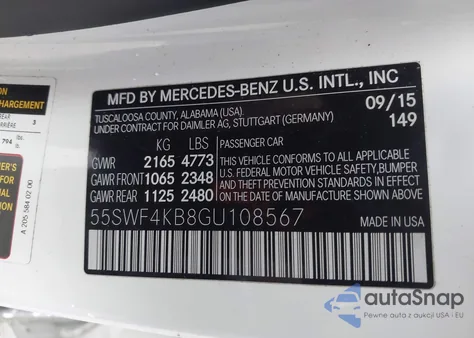 2016 Mercedes-Benz C 300 4Matic z USA, uszkodzony, nr VIN 55SWF4KB8GU108567